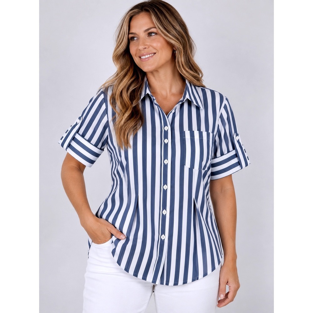 KBB Kahlana Blue White Striped Short Sleeve Button Down Shirt Small Avante Garde